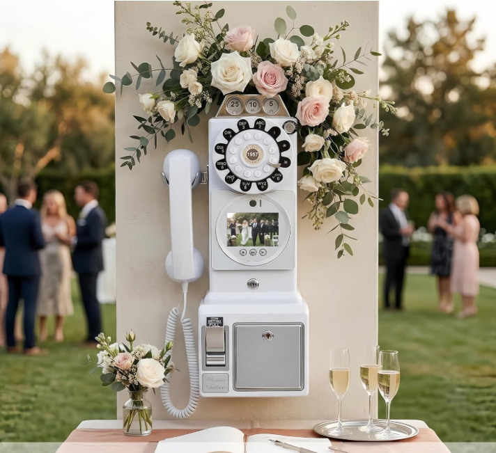 RetroVox video and audio guest book with floral wedding display