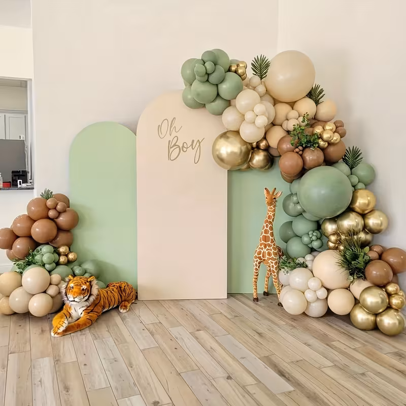 Blue, cream, and brown balloon arch backdrop