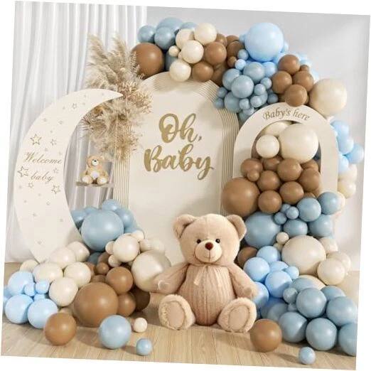 Baby shower balloon garland with teddy bear and crescent moon backdrop