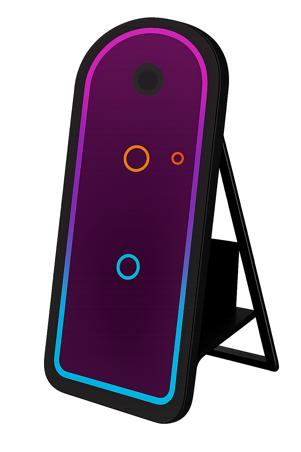 Full-length mirror photo booth with a colourful illuminated display