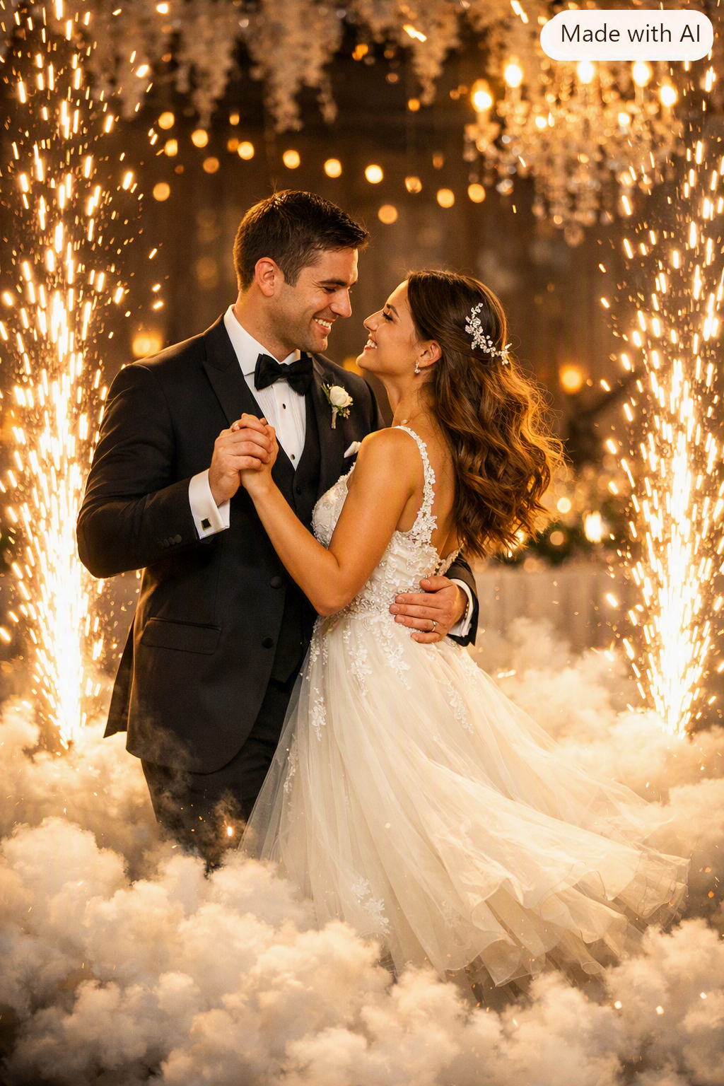 Wedding special effects with dancing on a cloud and sparkulars